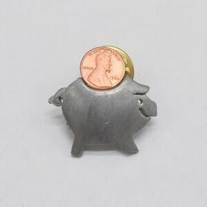 Vintage Signed Ultra Craft Pewter pig with penny coin pin brooch piggy bank 1"